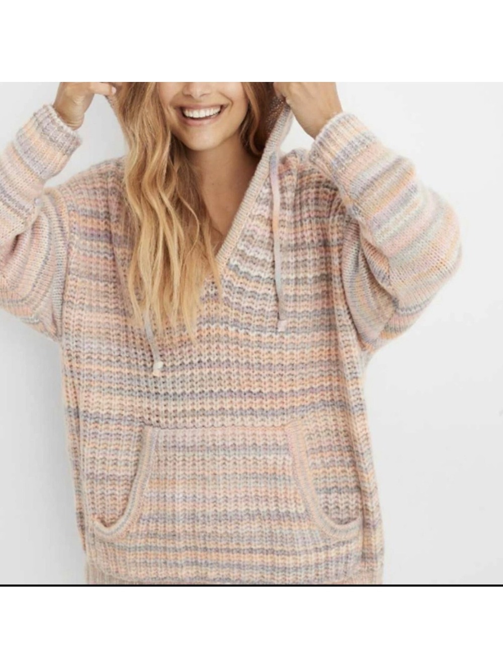 aerie Striped Knit Hoodie Sweater XS Wool Blend